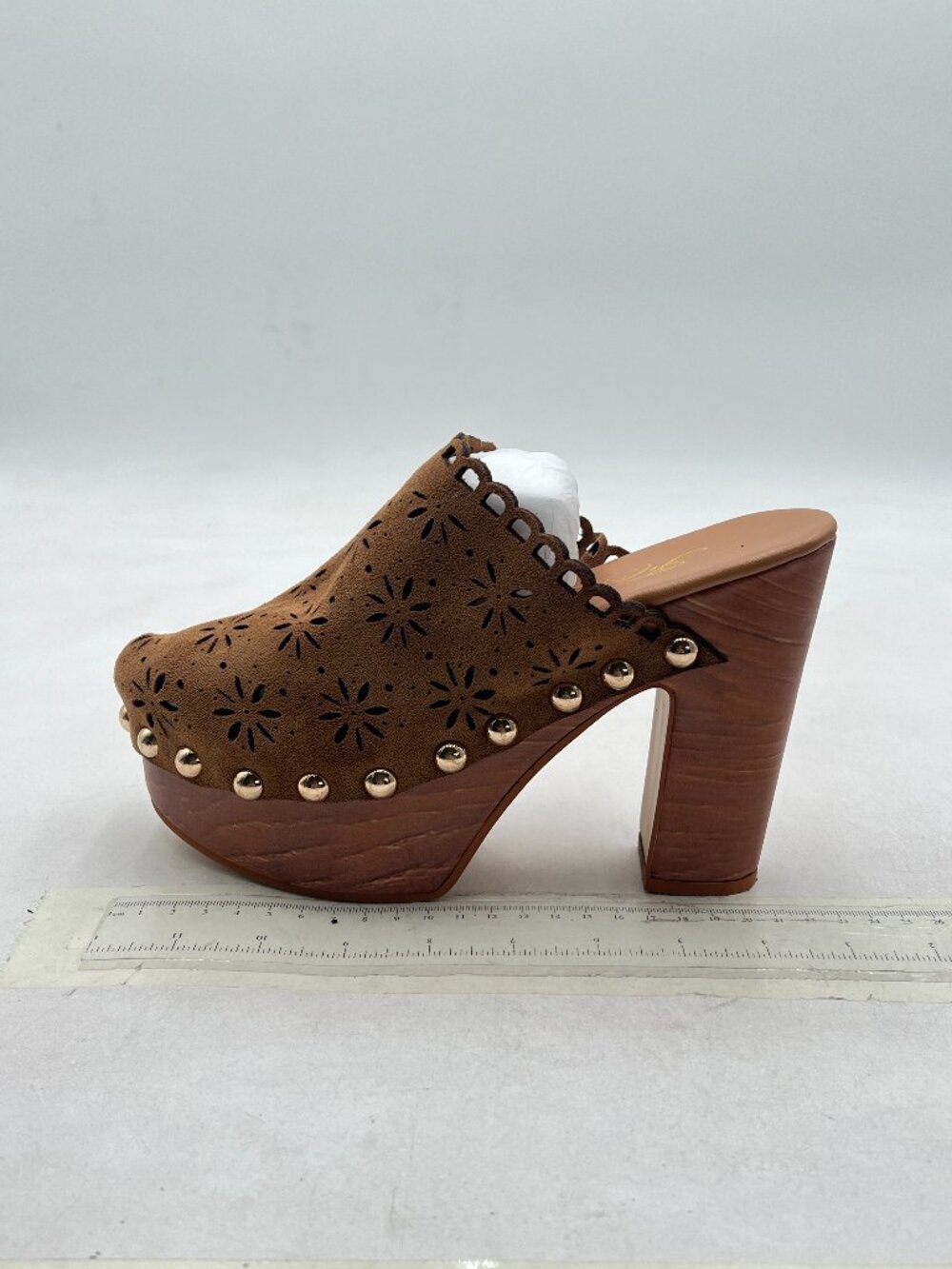 FOWT Tan Studded Round Toe Floral Cut Out Platform Mules Chunky Heel Sandals - Picture 2 of 8